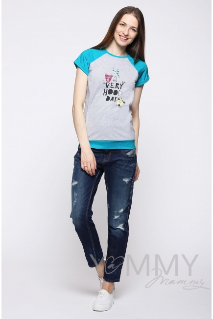 Футболка для беременных и кормящих, серый меланж/бирюза с принтом