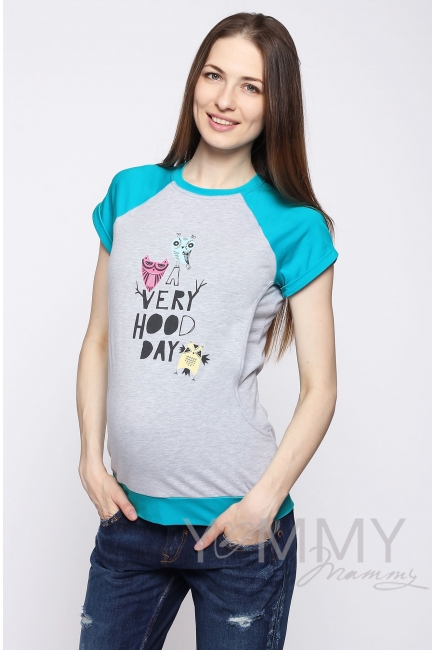 Футболка для беременных и кормящих, серый меланж/бирюза с принтом
