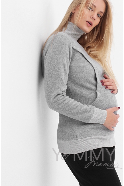 Джемпер для кормящих и беременных флисовый с высоким горлом, серый меланж