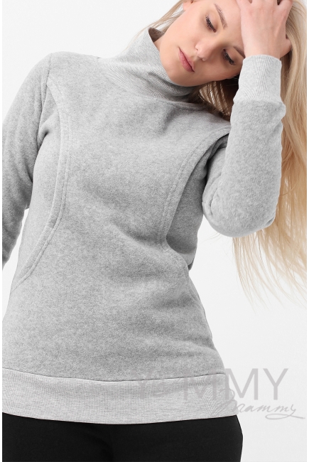 Джемпер для кормящих и беременных флисовый с высоким горлом, серый меланж
