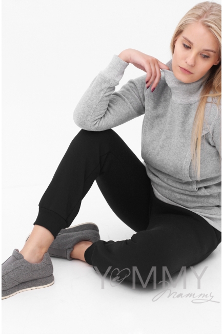 Джемпер для кормящих и беременных флисовый с высоким горлом, серый меланж