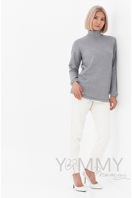 Джемпер для беременных и кормящих с воротником стойкой, серый меланж