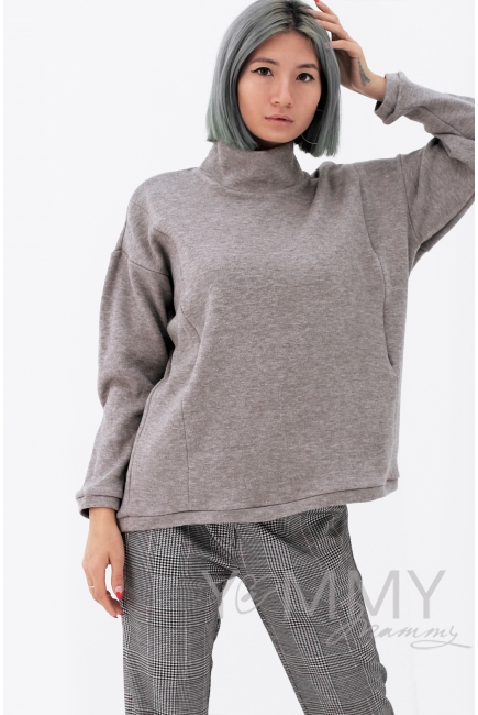 Джемпер для кормящих и беременных с воротником стойкой, серо-бежевый меланж