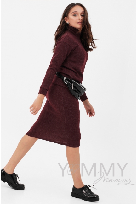 Костюм для беременных и кормящих утепленный джемпер + юбка, цвет бургунди