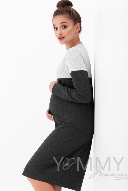 Платье для беременных и кормящих двухцветное, цвет серый меланж/темно-серый меланж