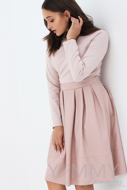 Платье для беременных и кормящих с кожаной юбкой, пудрово-розовое