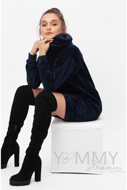 Платье-толстовка для беременных и кормящих с капюшоном из велюра, цвет синий