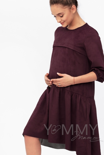 Платье для кормящих и беременных с воланом, с карманами замшевое, цвет бургунди