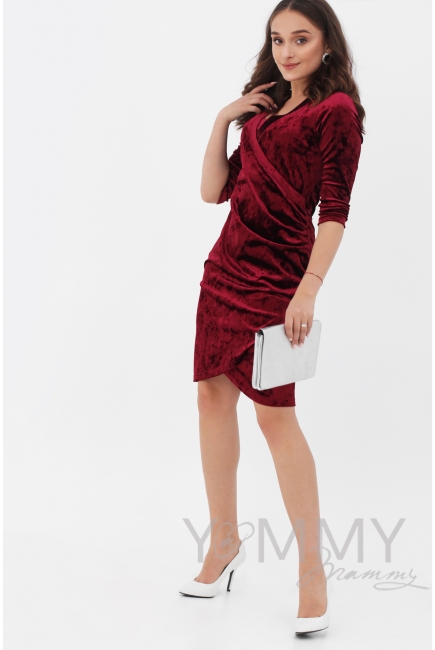 Вечернее платье для кормящих и беременных бархатное с защипами, цвет бордо