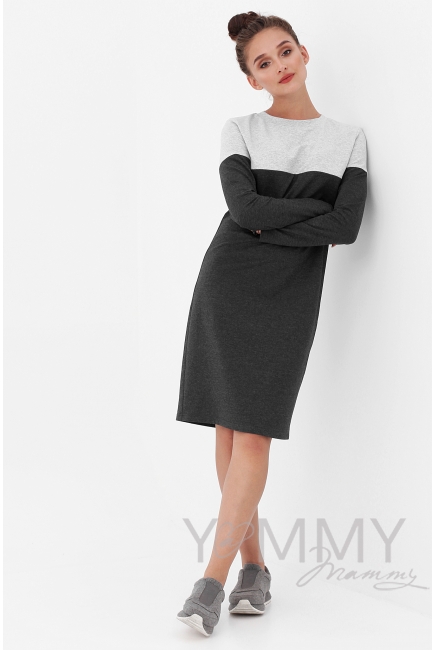 Платье для беременных и кормящих двухцветное, цвет серый меланж/темно-серый меланж