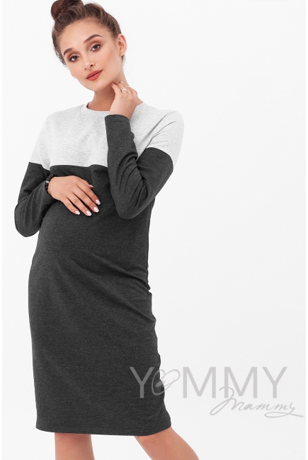 Платье для беременных и кормящих двухцветное, цвет серый меланж/темно-серый меланж