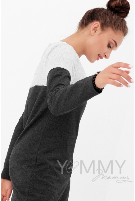 Платье для беременных и кормящих двухцветное, цвет серый меланж/темно-серый меланж