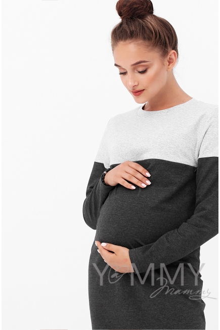 Платье для беременных и кормящих двухцветное, цвет серый меланж/темно-серый меланж