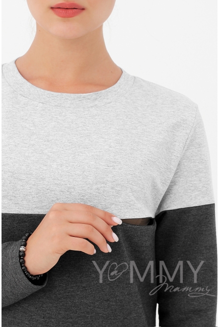 Платье для беременных и кормящих двухцветное, цвет серый меланж/темно-серый меланж