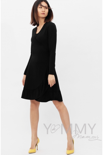 Платье для кормящих и беременных на запах с воланом, черное