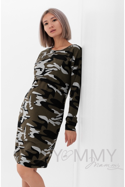 Платье для кормящих и беременных с длинным рукавом с карманами, камуфляж