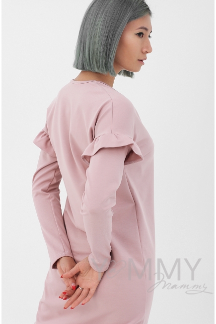 Платье для кормящих и беременных с воланчиками на рукавах, пудрово-розовое