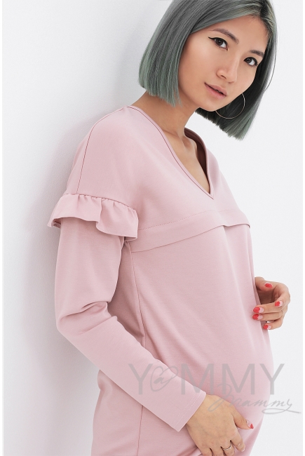 Платье для кормящих и беременных с воланчиками на рукавах, пудрово-розовое