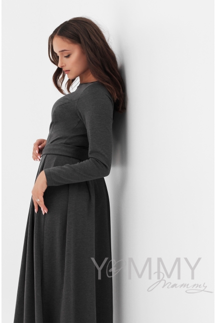 Платье для кормящих и беременных в пол, юбка со складками , цвет темно - серый меланж