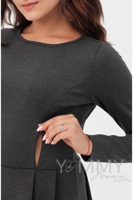 Платье для кормящих и беременных в пол, юбка со складками , цвет темно - серый меланж