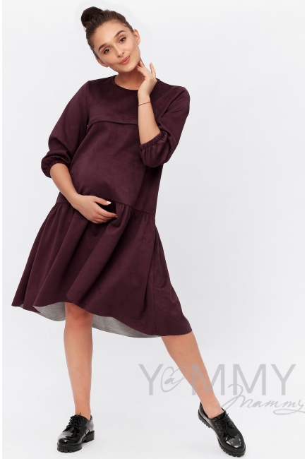 Платье для кормящих и беременных с воланом, с карманами замшевое, цвет бургунди