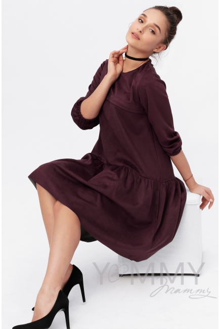 Платье для кормящих и беременных с воланом, с карманами замшевое, цвет бургунди