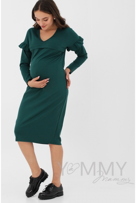 Платье для беременных и кормящих с воланчиками на рукавах, цвет изумрудный