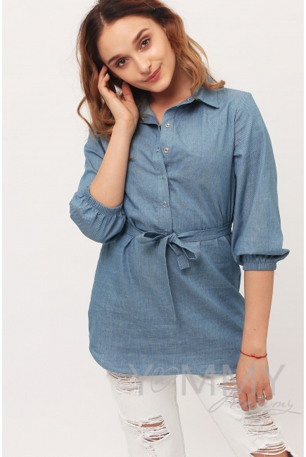 Рубашка для кормящих и беременных джинсовая, голубая в горошек