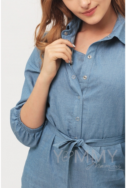 Рубашка для кормящих и беременных джинсовая, голубая в горошек