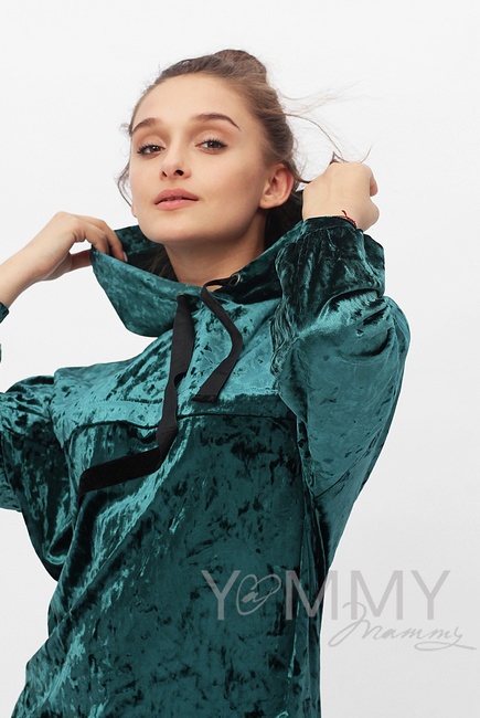Толстовка для беременных и кормящих с капюшоном из велюра, изумруд