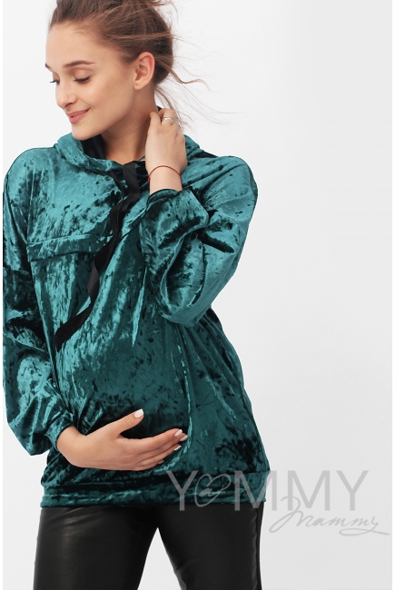 Толстовка для беременных и кормящих с капюшоном из велюра, изумруд