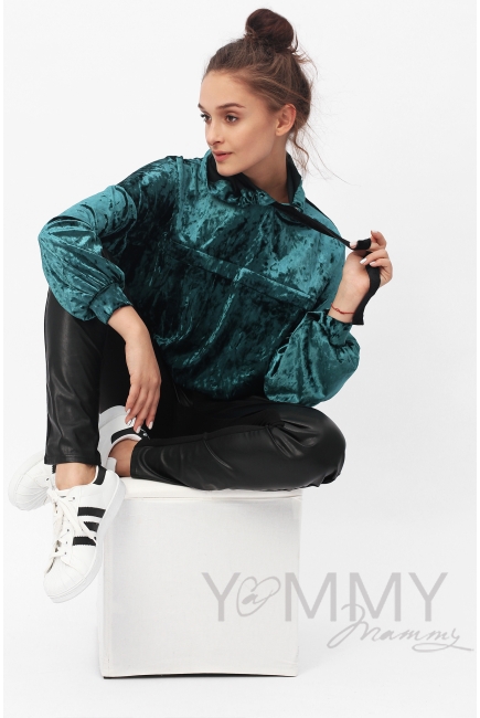 Толстовка для беременных и кормящих с капюшоном из велюра, изумруд