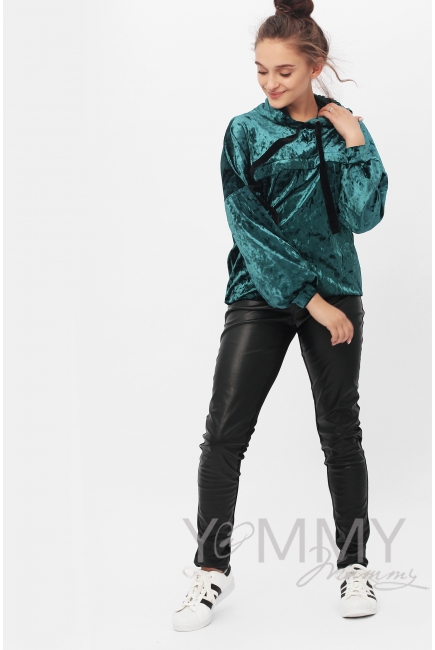 Толстовка для беременных и кормящих с капюшоном из велюра, изумруд