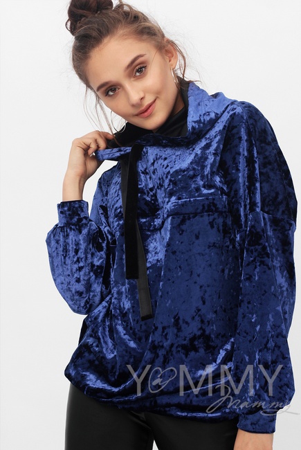 Толстовка для беременных и кормящих с капюшоном из велюра, цвет сапфир