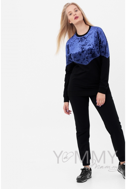 Джемпер для кормящих и беременных с велюром, цвет черный/синий