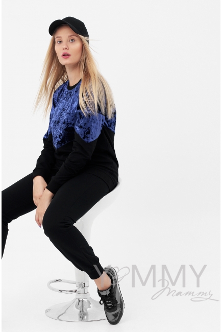 Джемпер для кормящих и беременных с велюром, цвет черный/синий