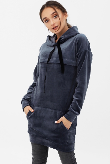 Платье-толстовка для беременных и кормящих с капюшоном из велюра, цвет серо-синий