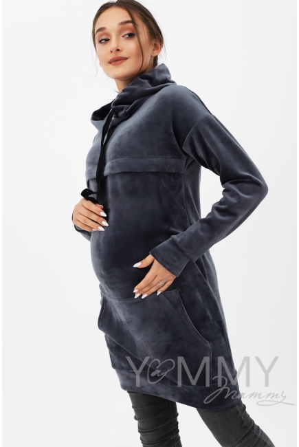 Платье-толстовка для беременных и кормящих с капюшоном из велюра, цвет серо-синий