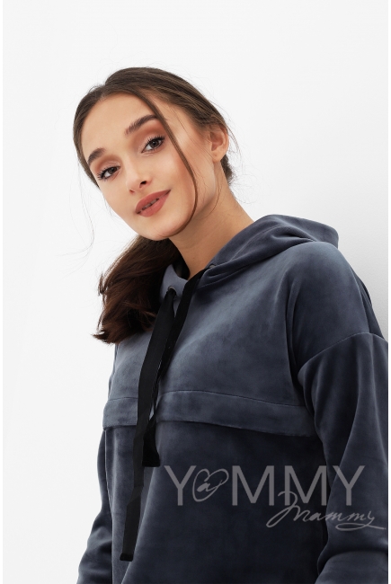 Платье-толстовка для беременных и кормящих с капюшоном из велюра, цвет серо-синий