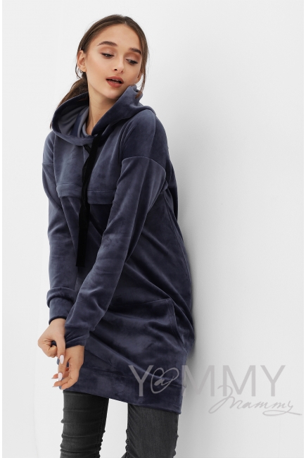 Платье-толстовка для беременных и кормящих с капюшоном из велюра, цвет серо-синий