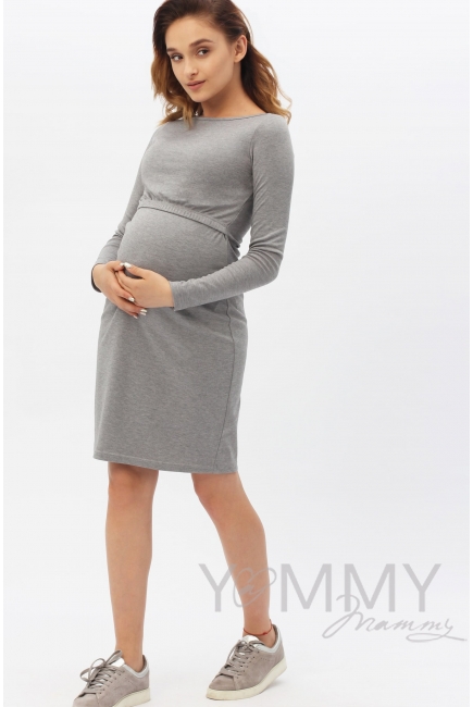 Платье-футляр с горловиной "лодочка" серый меланж для беременных