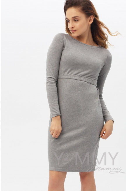 Платье-футляр с горловиной "лодочка" серый меланж для беременных