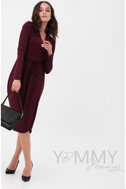 Платье для беременных и кормящих миди на запах, винный