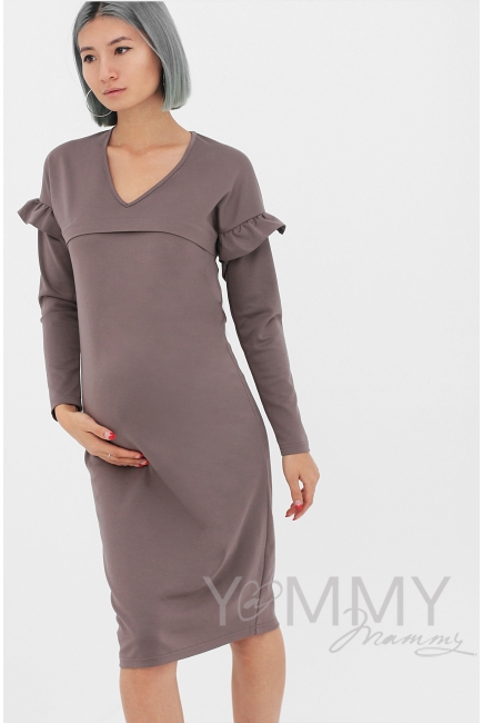 Платье для беременных и кормящих с воланчиками на рукавах, капучино