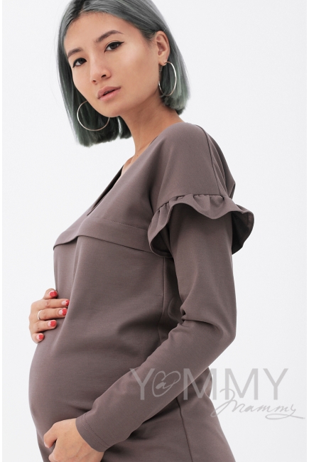 Платье для беременных и кормящих с воланчиками на рукавах, капучино