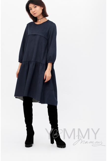 Платье для беременных и кормящих с воланом, с карманами замшевое, цвет темно-синий