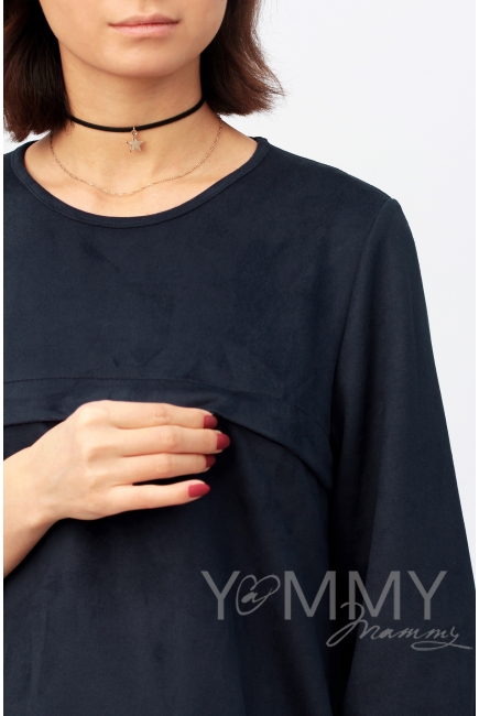 Платье для беременных и кормящих с воланом, с карманами замшевое, цвет темно-синий