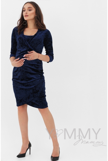 Вечернее платье для беременных и кормящих бархатное с защипами, цвет синее