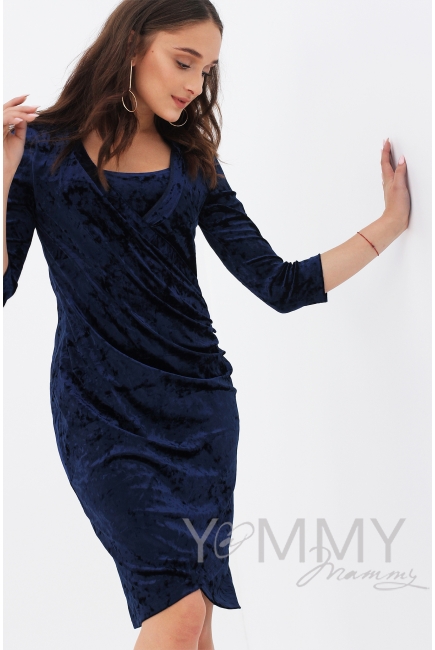 Вечернее платье для беременных и кормящих бархатное с защипами, цвет синее