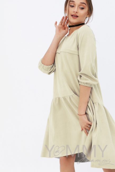 Платье для беременных и кормящих с воланом, с карманами замшевое, цвет светло-бежевый